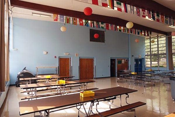 walls of a lunchroom painted blue